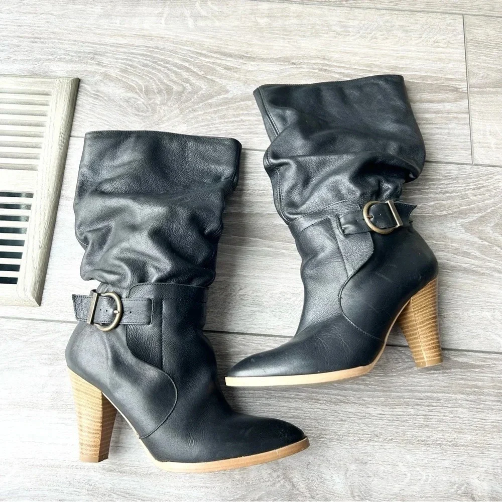 Zara Black Slouchy Leather Heeled Tall Boots  Made In Spain - Picture 9 of 15